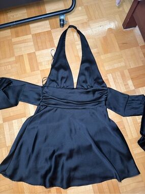 Zara Black Satin Backless Halter Mini Dress
